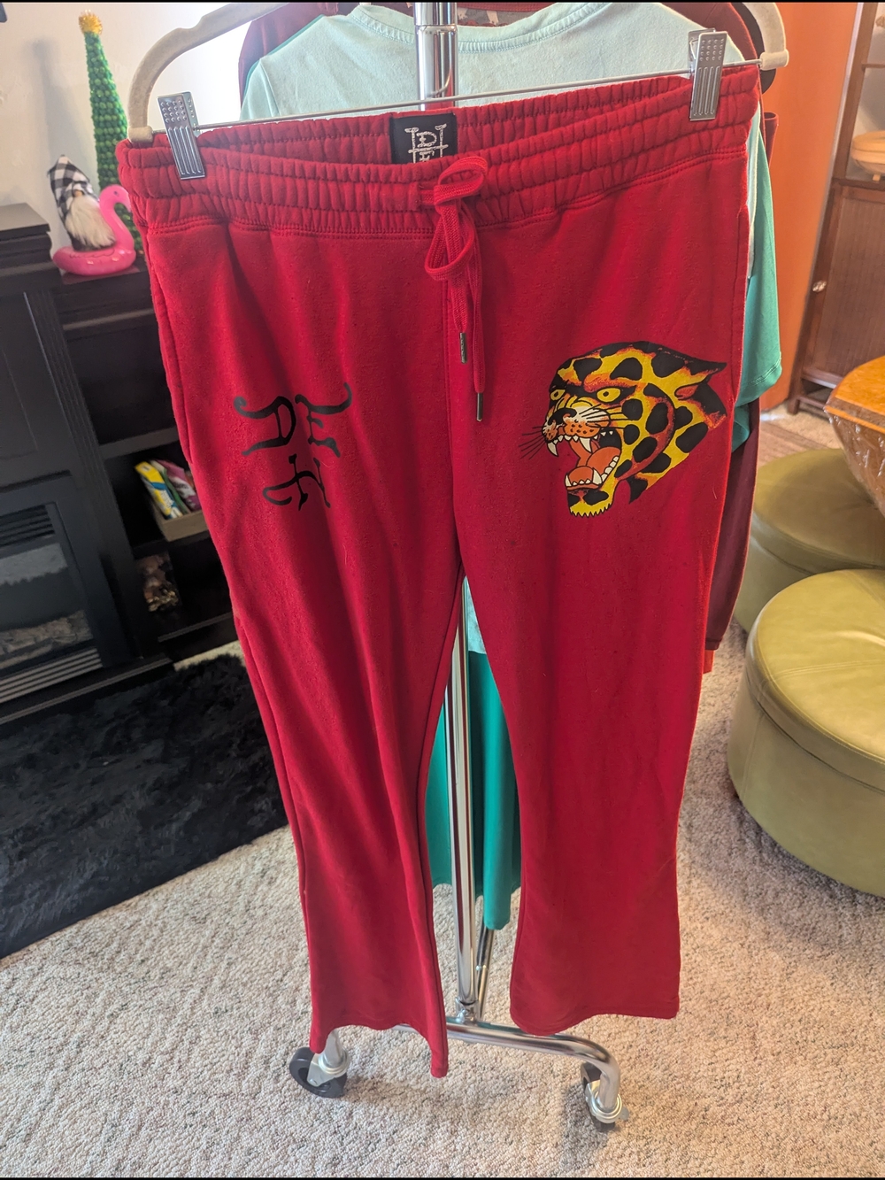 ⚡Ed Hardy Red Sweatpants with Leopard Patch